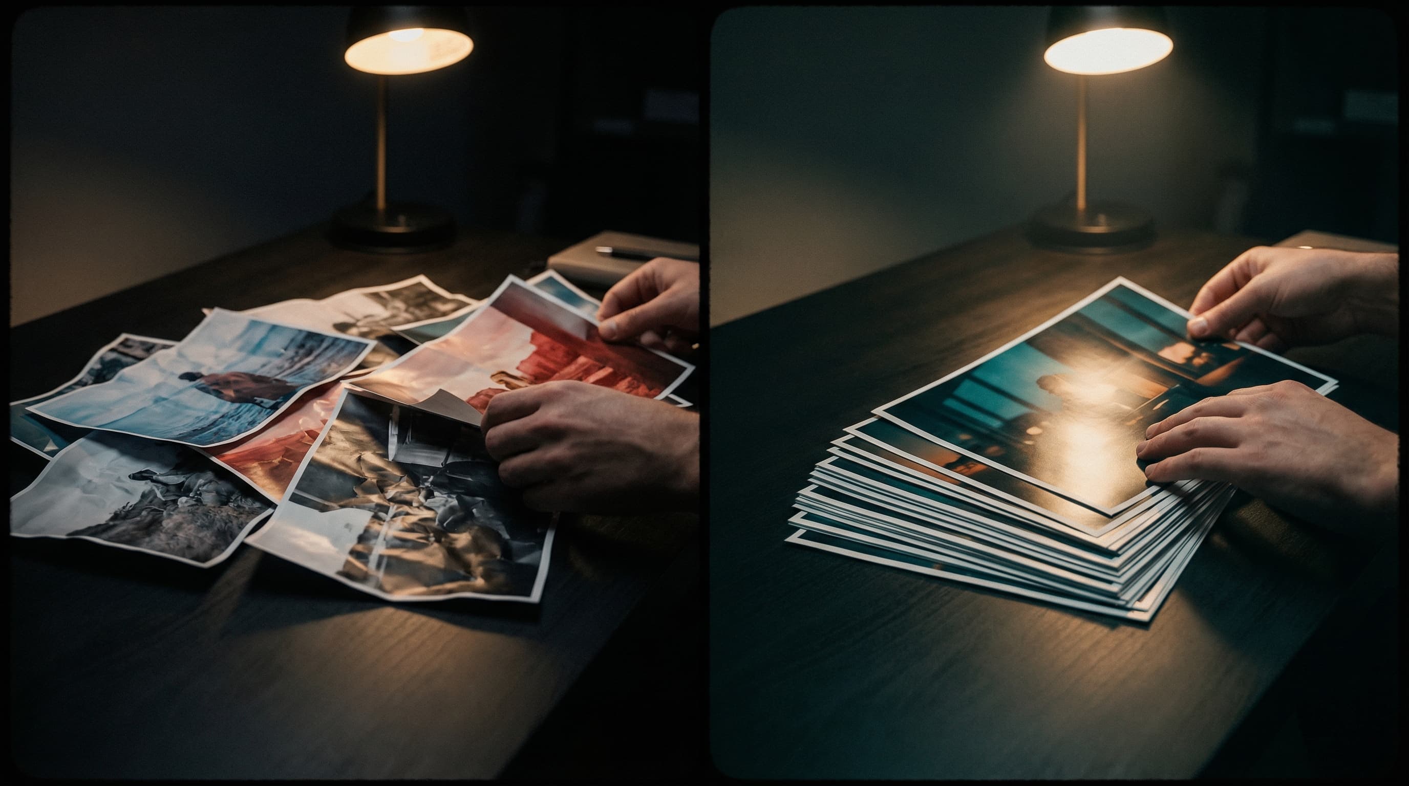 Faceless creator desk with mismatched visuals on one side and consistent visuals on the other