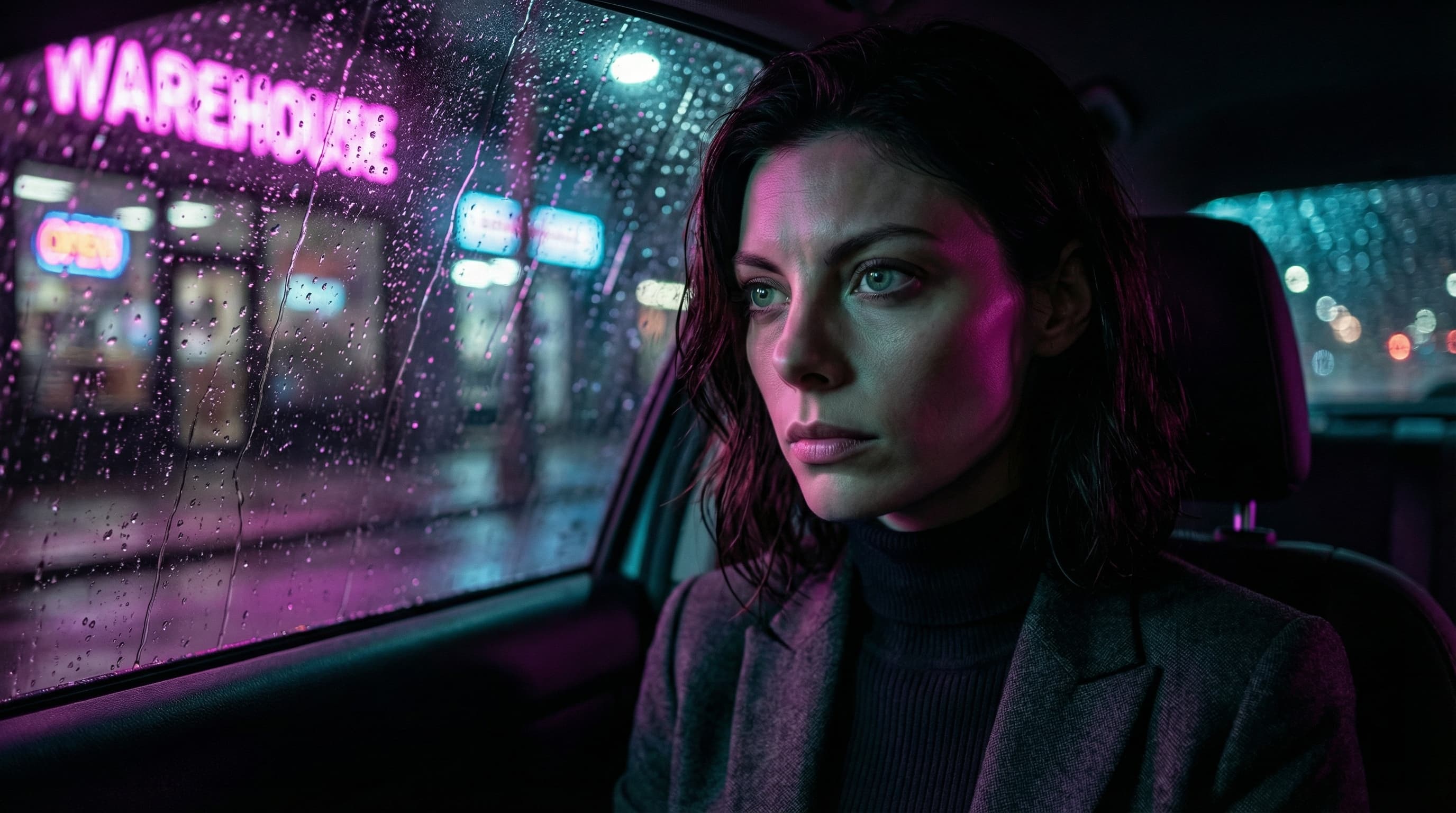 Detective Sarah Cole beside a rain-streaked window in the sample storyboard