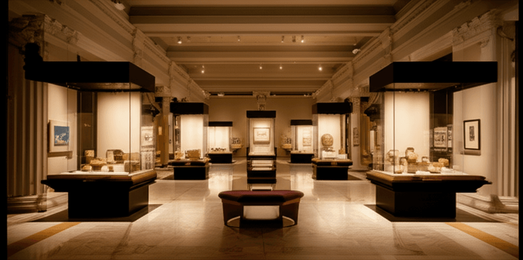 Museum exhibit hall with artifacts