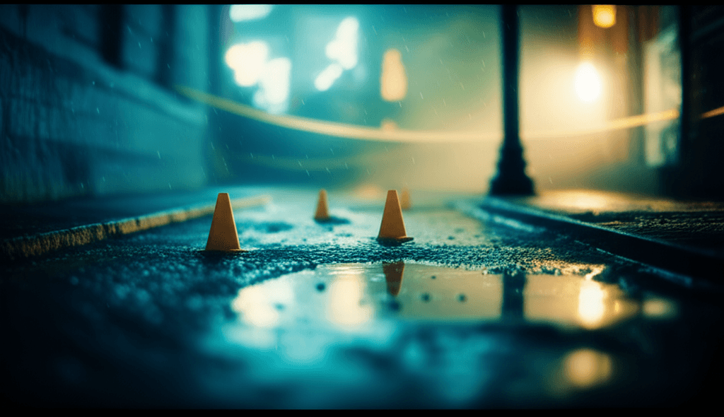 Rain-soaked street investigation at night