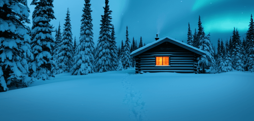 Snowy cabin exterior
