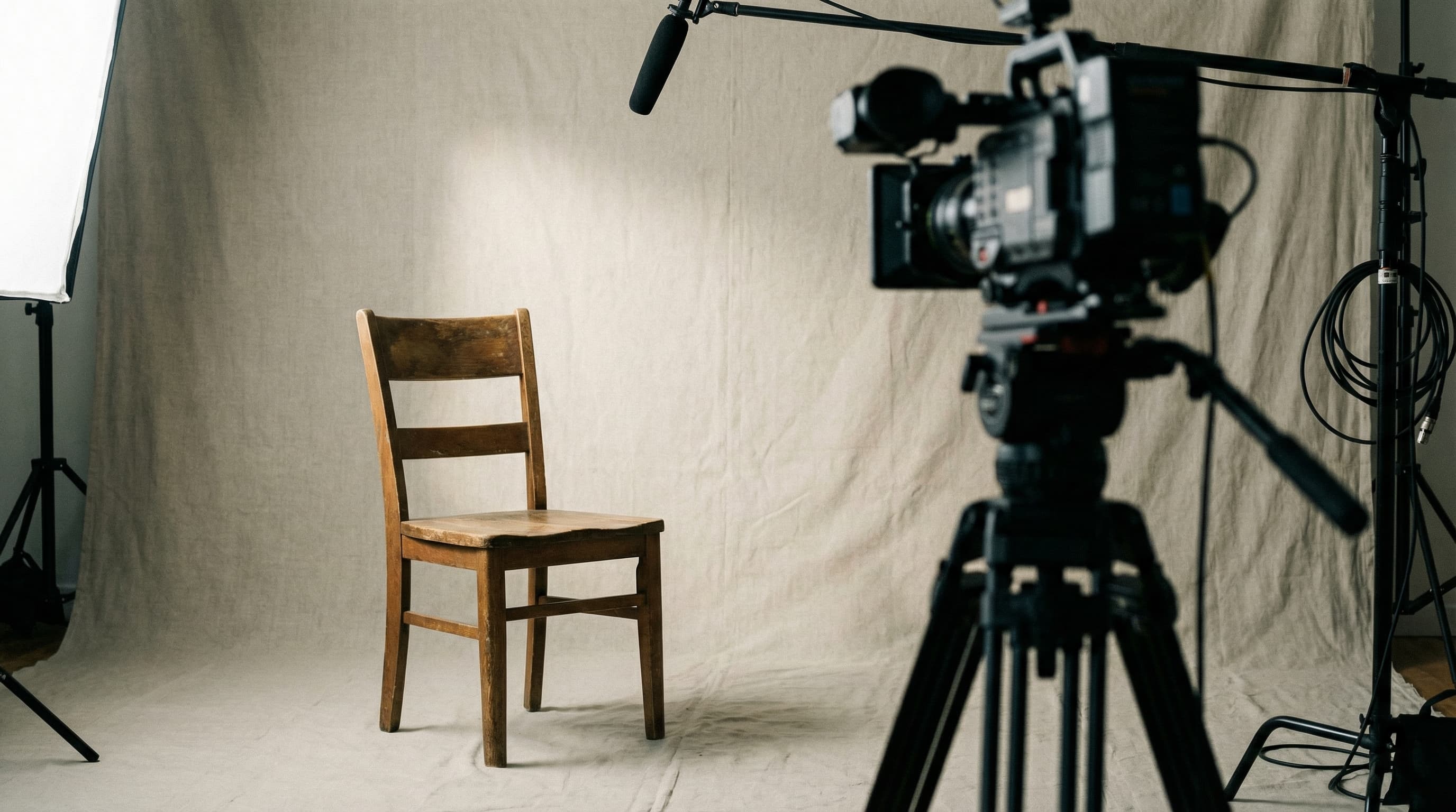 Interview setup with empty chair and soft key light