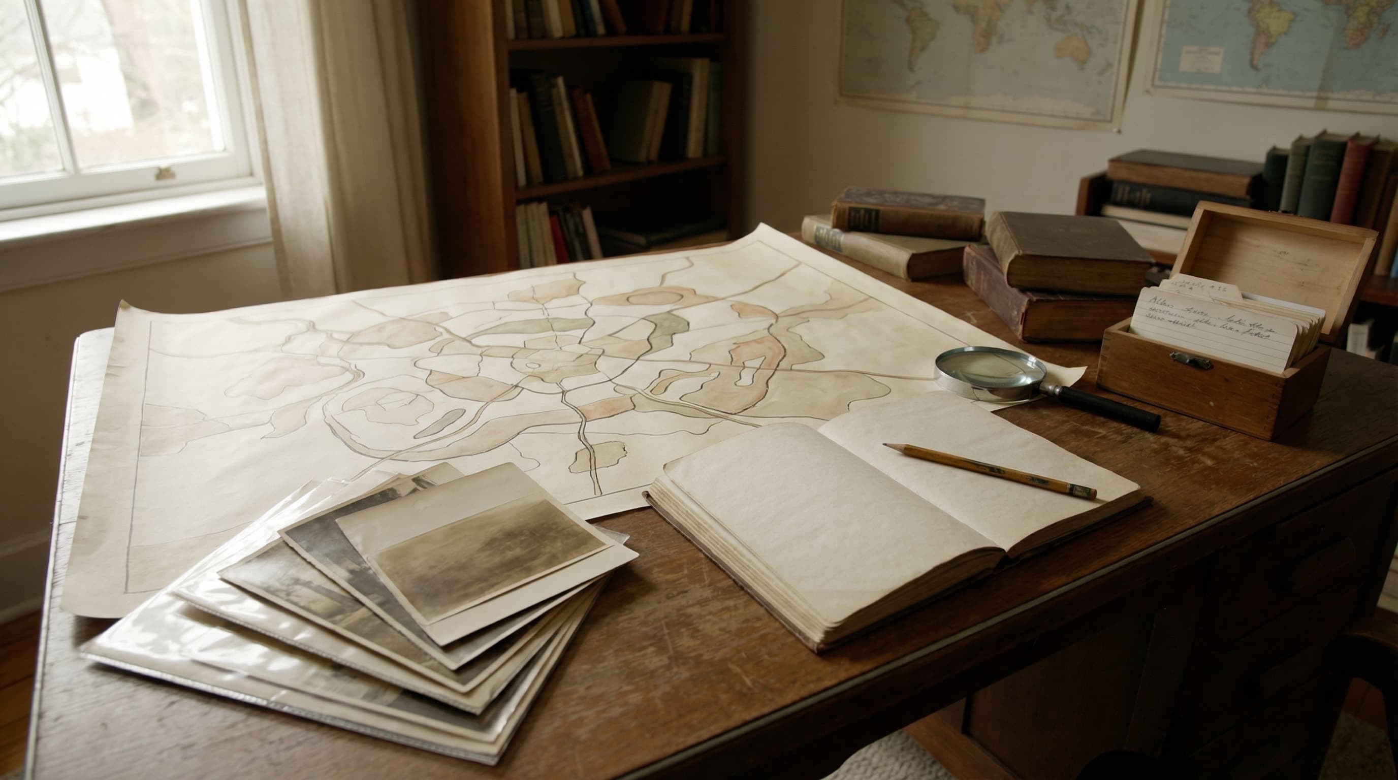 Documentary workspace with archival materials and maps