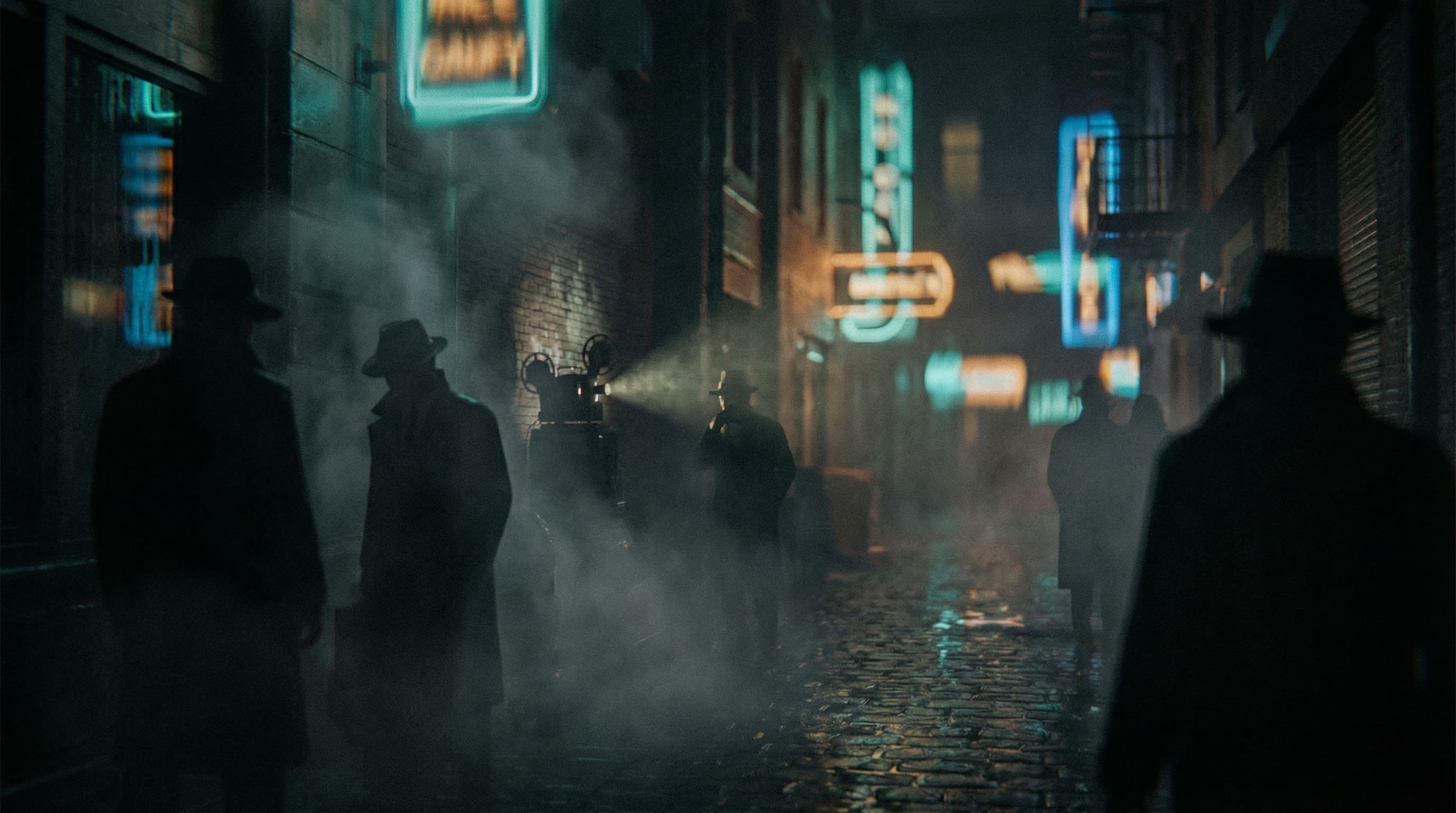 Shadowy alley reenactment with rain and neon