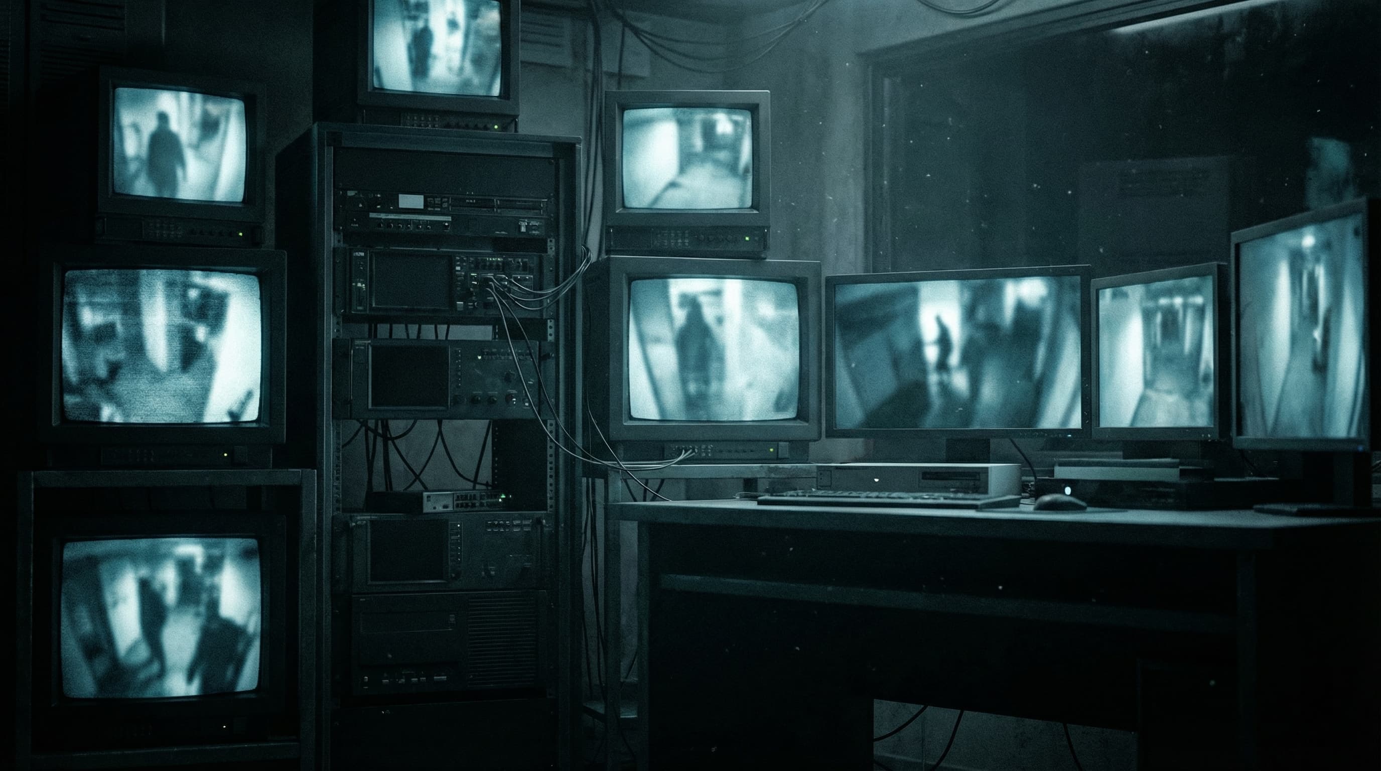 Surveillance monitor room with moody lighting