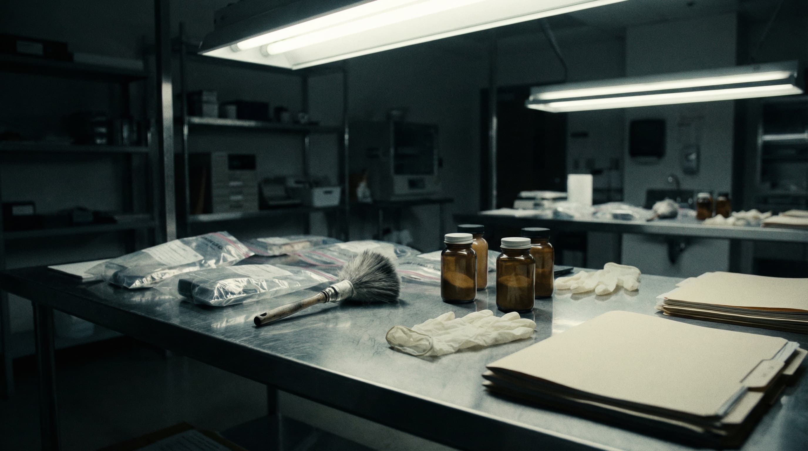 Forensic lab bench with evidence bags and tools